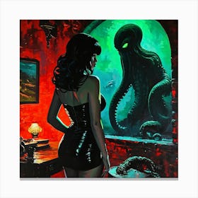 Retro Pop of Cthulhu With Beautiful Woman Canvas Print