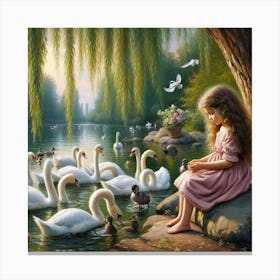 Little Girl With Swans 2 Canvas Print