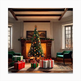 Christmas Presents Under Christmas Tree At Home Next To Fireplace By Jacob Lawrence And Francis Pic (3) Canvas Print