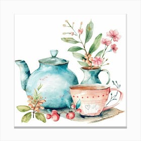 Watercolor Teapot Tea Cup And Vase Canvas Print