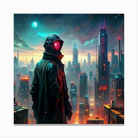 Futuristic Cityscape With A Person In A Black Coat And Red Helmet Canvas Print