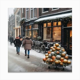 Paris cafes, winter season, Christmas, pale colors, pedestrians in the street, winter clothes, falling snow.5 1 Canvas Print