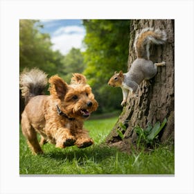 Squirrel And Dog In The Park Canvas Print