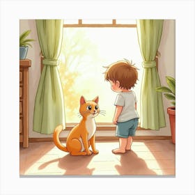 Watercolor Depiction Of A Child And A Burmese Cat In A Sunny Room Canvas Print