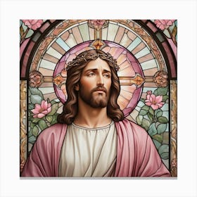 Jesus With Roses, A stained glass window with jesus holding a cross and flowers Canvas Print