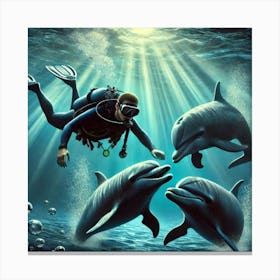 Scuba Diver With Dolphins 1 Stampe su tela