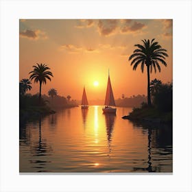 Serene Nile River Scene At Sunset With Sailboats And Lush Palm Trees Along The Bank 1 Canvas Print