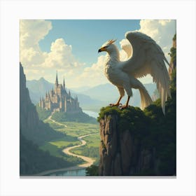 A Majestic Griffin Perched On A High Cliff Overlooking A Sprawling Kingdom Canvas Print