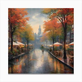 Amsterdam cafes, autumn season, rain, autumn oil colours.Faded colours,People passing on the street, winter clothes, rain umbrellas.5 Canvas Print