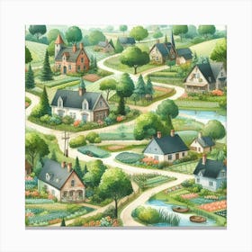 Village In The Countryside With Trees, Lakes And Paths Canvas Print