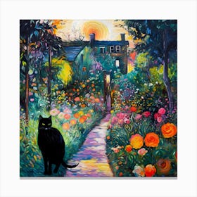 Black Cat In Monet Garden 4 Canvas Print