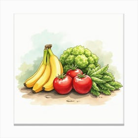 Elegant Watercolor Composition Of Fresh Produce With A Serene Background 1 Canvas Print