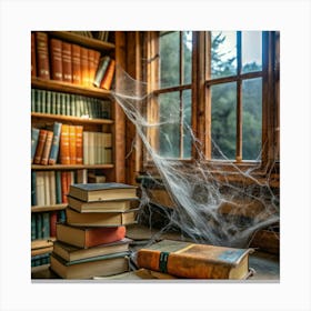 Spider Web In A Library Canvas Print