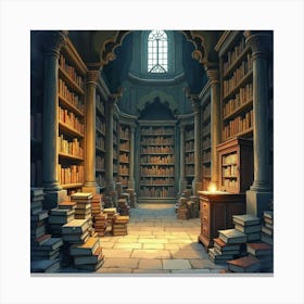 Ancient Enchanted Library With Glowing Books, Watercolor 1 Canvas Print