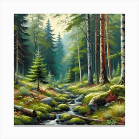 Forest Stream, Acrylic Painting Style Canvas Print