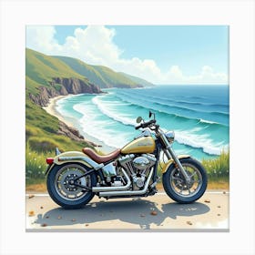 Chopper Bike On A Scenic Coastal Road With Crashing Waves Watercolor 1 Canvas Print