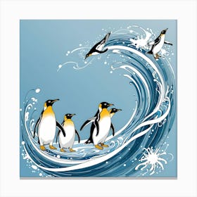 Penguins In The Sea, White, Black, Yellow And Blue Canvas Print
