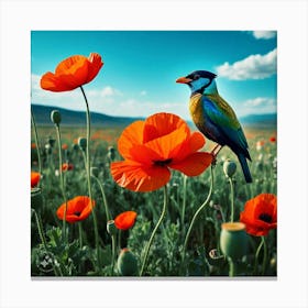 Bird On Poppies Canvas Print