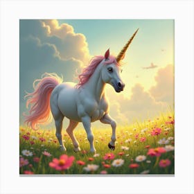 A Radiant Unicorn Prancing Through A Field Of Rainbow Flowers 1 Canvas Print