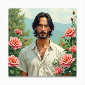 Keanu Reeves In A Tranquil Watercolor Garden With Blooming Roses Canvas Print