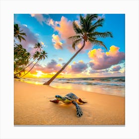 Turtle On The Beach At Sunset Canvas Print