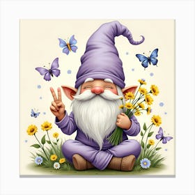 A peaceful gnome sitting cross-legged in a serene garden scene. Canvas Print