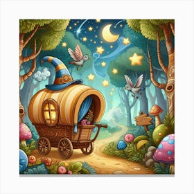 Playful Cartoon Style Illustration Of A Whimsical Caravan Journey Through A Magical Forest, Style Cartoon Illustration 1 Canvas Print