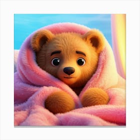 Digitally Rendered Cute Tiny Bear Settled Cosily Into A Blanket Draped Bed Wrapped In A Fluffy Sc Canvas Print