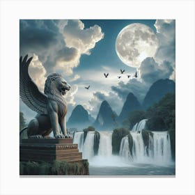 Lion And Waterfall Canvas Print
