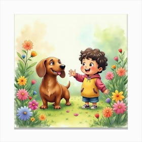 Friendly Dachshund And Child Playing In A Colorful Garden, Watercolor 1 Canvas Print