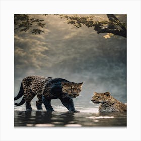 Two Leopards In The Water Canvas Print
