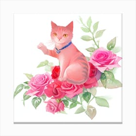 Pink Cat With Roses Canvas Print