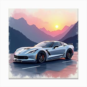 Chevrolet Corvette C7 Z06 With A Radiant Watercolor Mountain View 1 Canvas Print