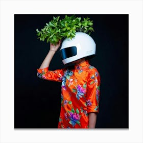 Portrait Of A Figure Donning A Futuristic Helmet Cradling A Glowing Plant Vibrant Bright Orange Fl Canvas Print