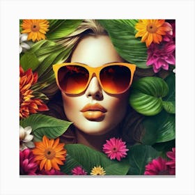 Woman In Sunglasses And Flowers Canvas Print