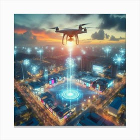 Drone Flying Over City Canvas Print