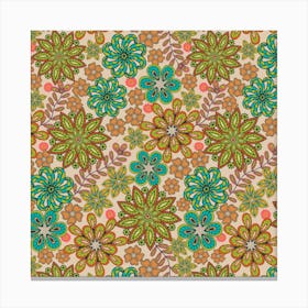 PASSEMENTERIE Lacy Bohemian Embroidery Floral in Tropical Retro 70s Green Turquoise Coral Orange Yellow Canvas Print