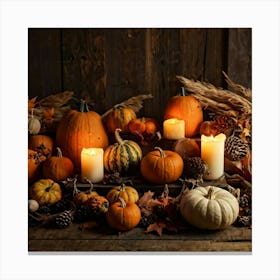 Autumn Harvest Table Laden With An Assortment Of Pumpkins Gourds And Dried Cornhusks Surrounded B Canvas Print