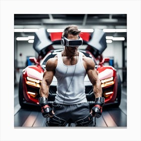 Alpha Male Model Working Out With Heavy Weight Machine, Wearing Futuristic Sonic Armor Exoskeletons And Vr Headset With Headphones Award Winning Photography With Sports Car, Designed By Apple Studio Canvas Print