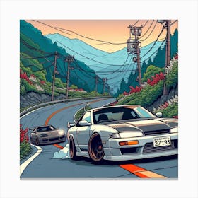 Japanese cars drifitng down a mountain pass 1 Canvas Print