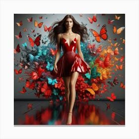 Butterfly Girl In Red Dress Canvas Print