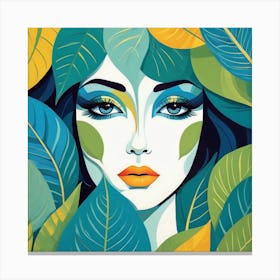 Woman In Green Leaves Canvas Print