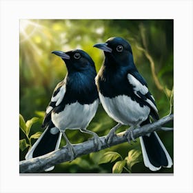 Curious Companions: Magpies in a Sunlit Forest - A Vivid Digital Illustration 1 Canvas Print