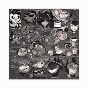 Black And White Drawing Of Cartoon Characters Canvas Print