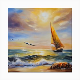 Oil painting design on canvas. Sandy beach rocks. Waves. Sailboat. Seagulls. The sun before sunset.31 Canvas Print