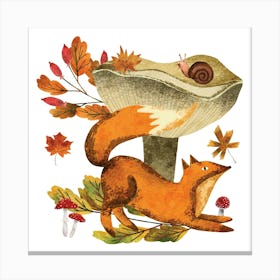 Autumn woodland wild fox and red leaves Canvas Print