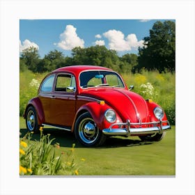 A Beautifully Restored, Bright Red Classic Vw Beetle, With Its Curved Lines And Rounded Hood Canvas Print