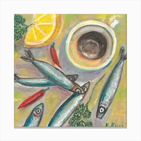 Still Life With Food Anchovies Sardines Coffee Cup Lemon Chili Peper Canvas Print
