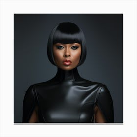 A Sexy Black Woman In A Wearing Shoulder Black Latex Dress With A Bob Haircut Portrait Mode - Created by Midjourney Canvas Print