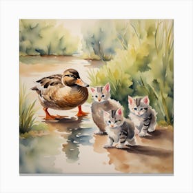 Kittens and a duck Canvas Print